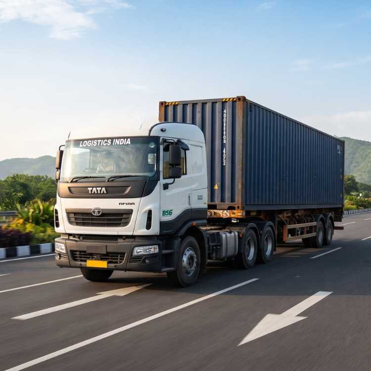 Tata truck hauling a container on an Indian highway